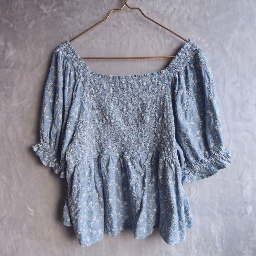 OLD NAVY Blue Floral Puff-Sleeve Babydoll Top Size XXL Embroidered Chambray